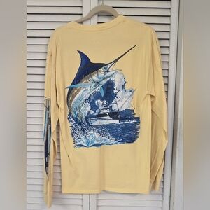 Guy Harvey Yellow Swordfish Tee Shirt Longsleeved Medium Cotton Chest Pocket